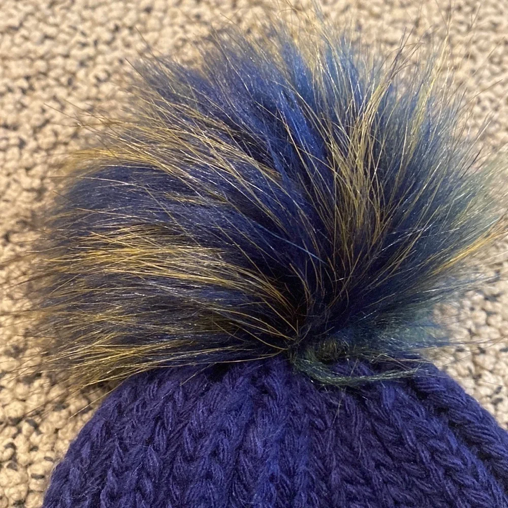 NWOT Knit Slouchy Navy Blue Beanie with Patch on Front and Fur Pom Pom